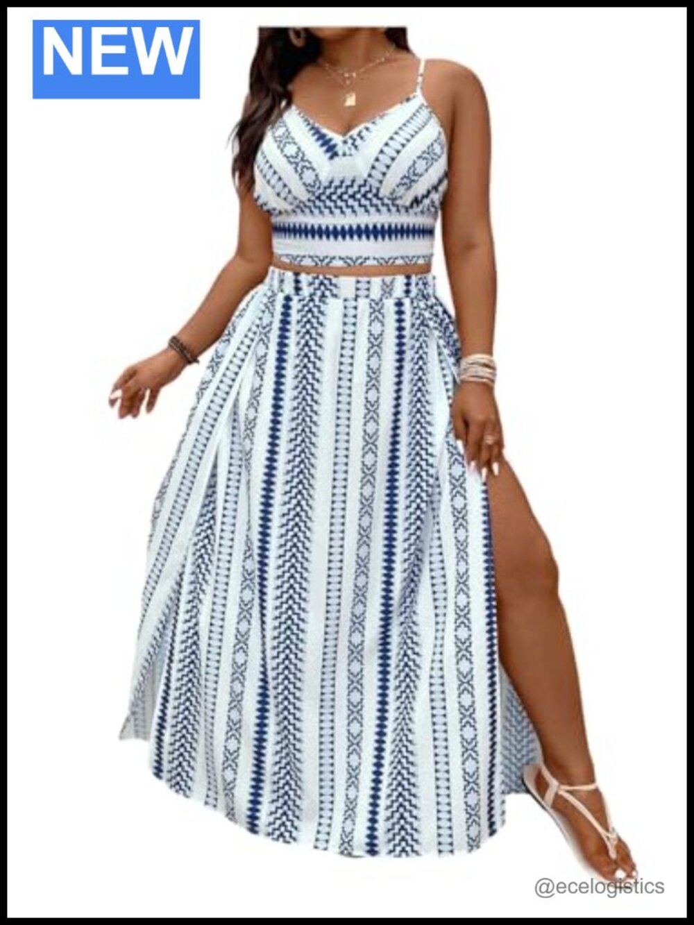 Plus Size Boho Tie Back Crop Top Split Maxi Skirt Set